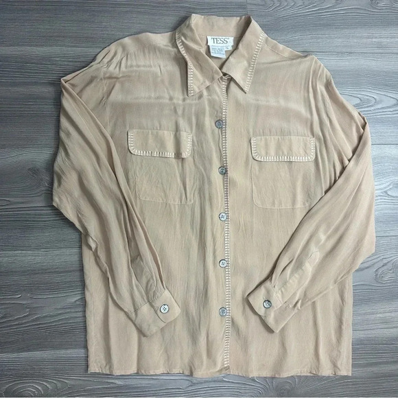 VINTAGE Tan Silk Button Down Shirt with Embroidered Details - Picture 2 of 9
